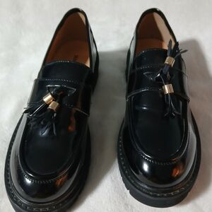 Black Patent Platform Tassel Loafers for Women